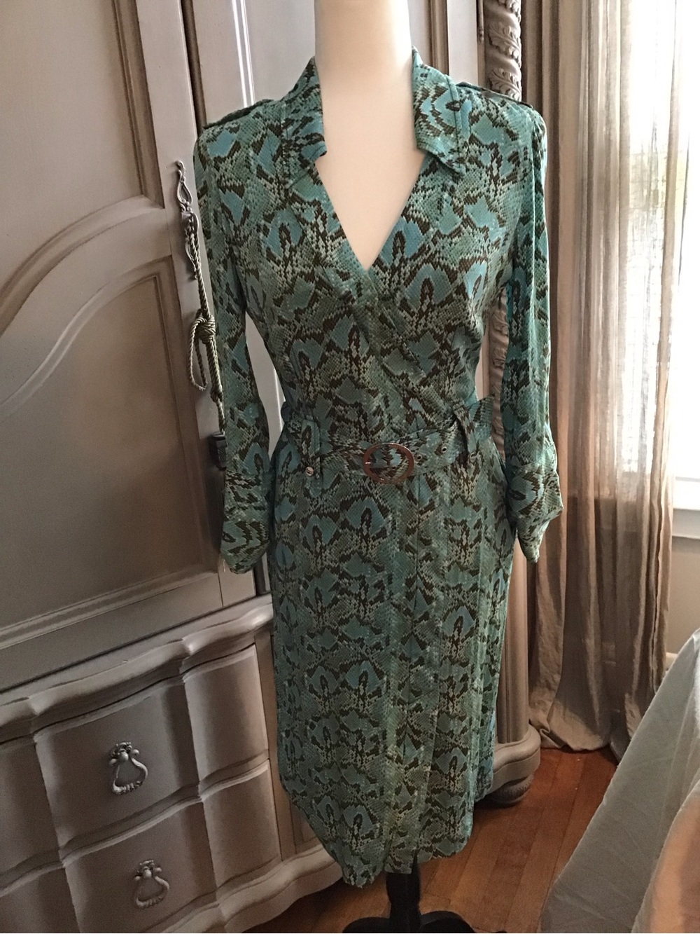 Green Snake-Print Wrap Dress with Belt